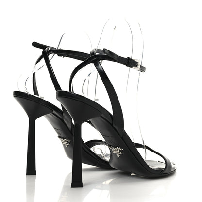 Prada Calfskin Metal Triangle Logo High Heels Sandals 38.5 Black 4 of 7