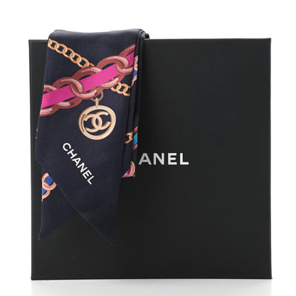 Chanel Silk Pearl CC Chain Slim Bandeau Scarf Navy Blue 4 of 4