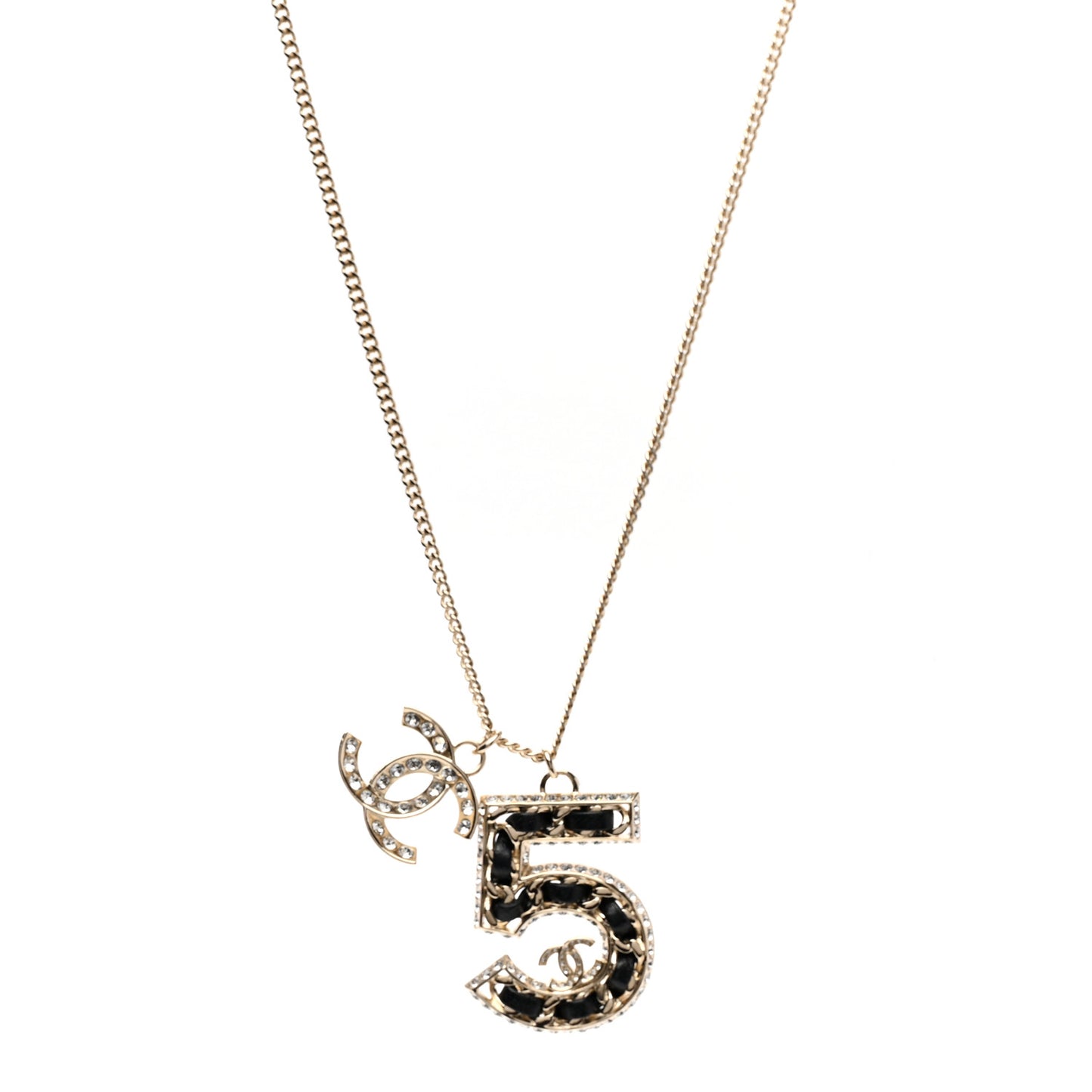 Lambskin Crystal CC Number 5 Pendant Necklace Gold Black