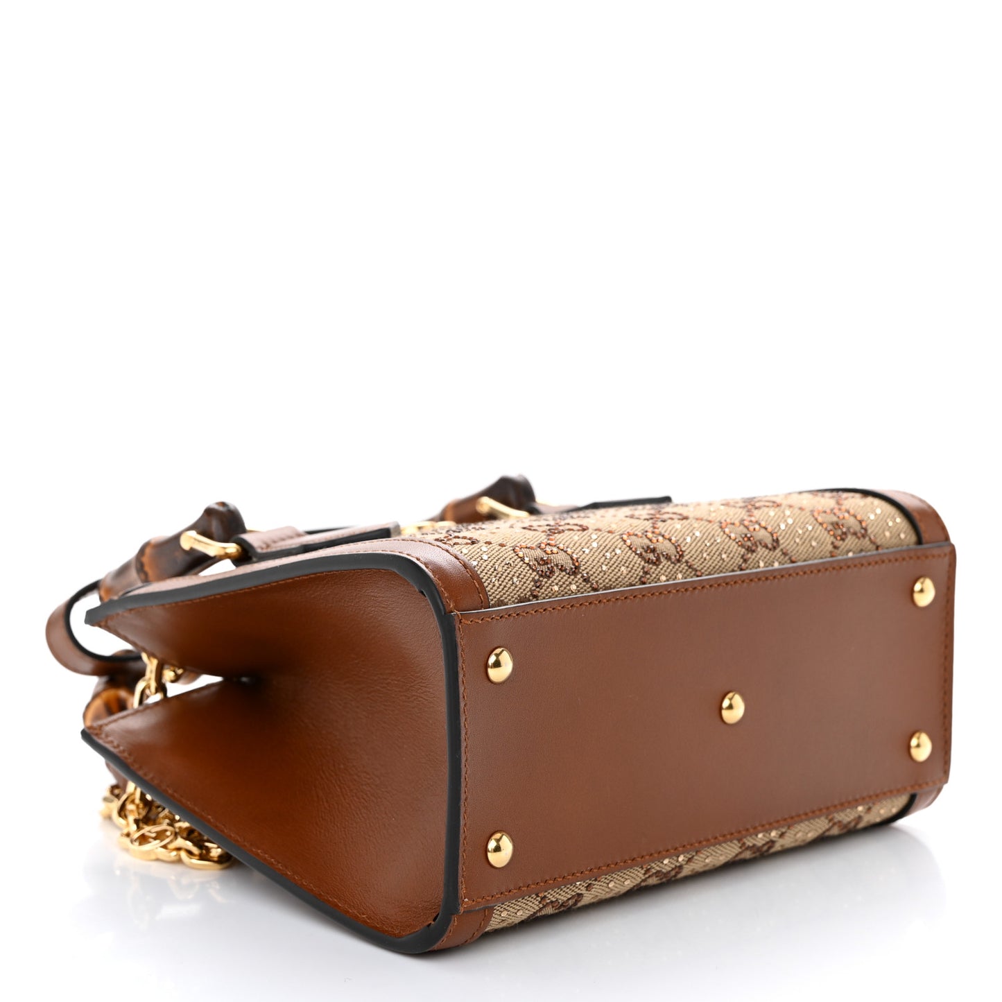New Canvas Charisma Calfskin Crystal GG Monogram Mini Diana Tote Bag Camel Ebony