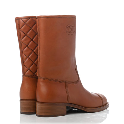 Chanel Calfskin Quilted CC Logo Mid Calf Boots 38 Caramel 3 of 4