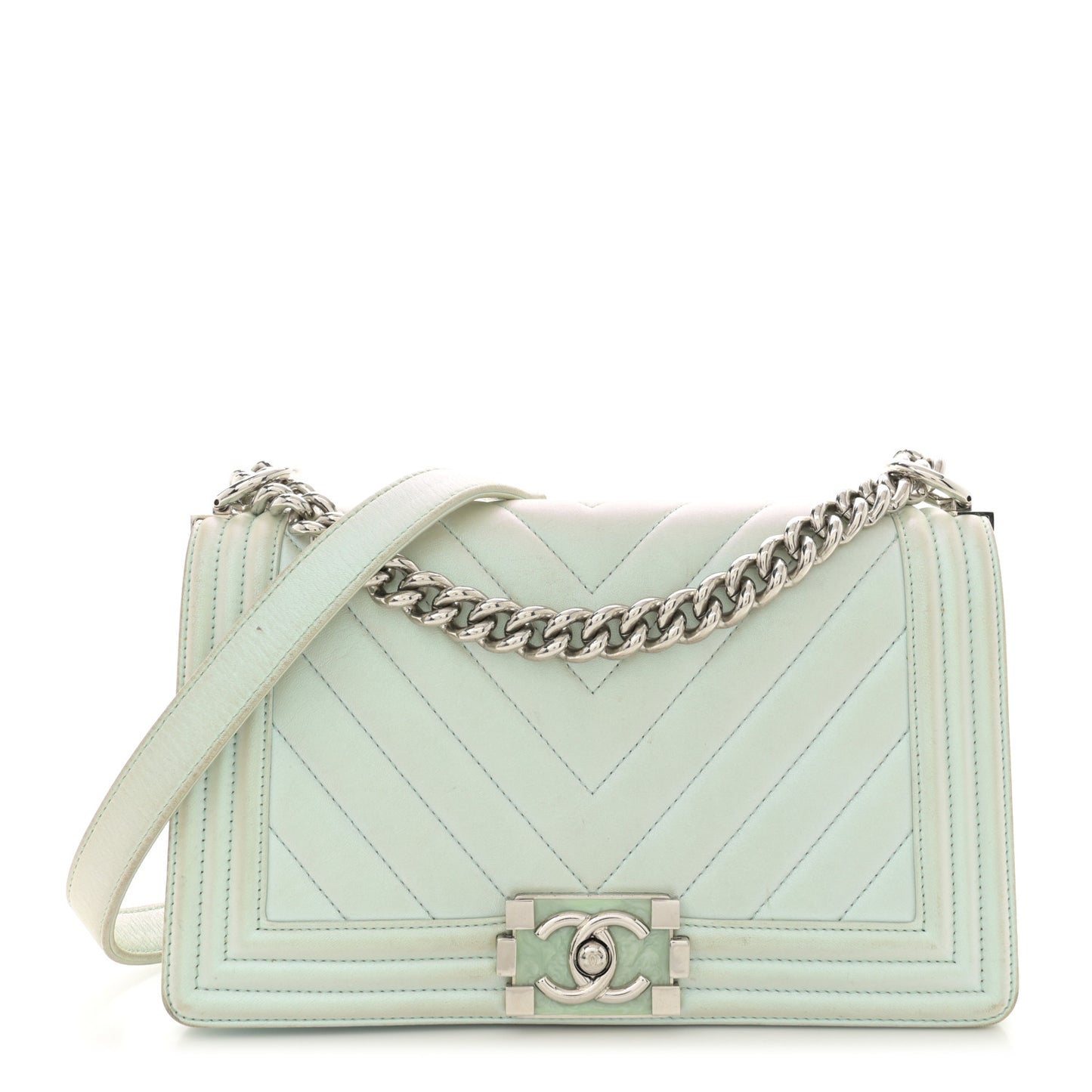 Iridescent Lambskin Chevron Quilted Medium Boy Flap Turquoise