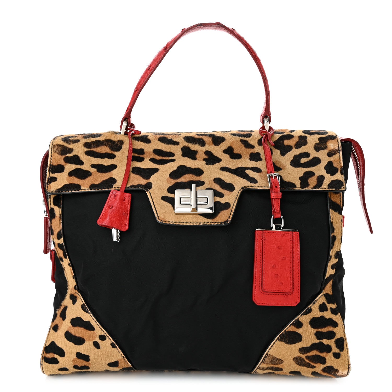 Prada Tessuto Cavallino Ostrich Leopard Print Tote Black Miele Rosso 1 of 11