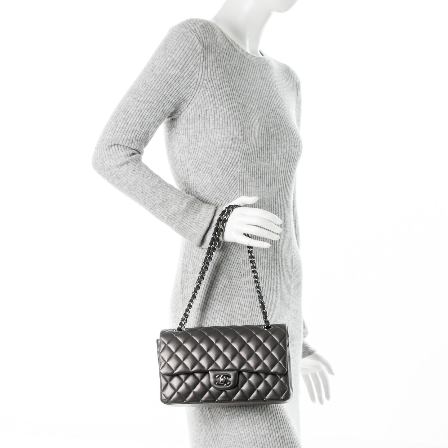 Metallic Lambskin Quilted Medium Double Flap Dark Grey