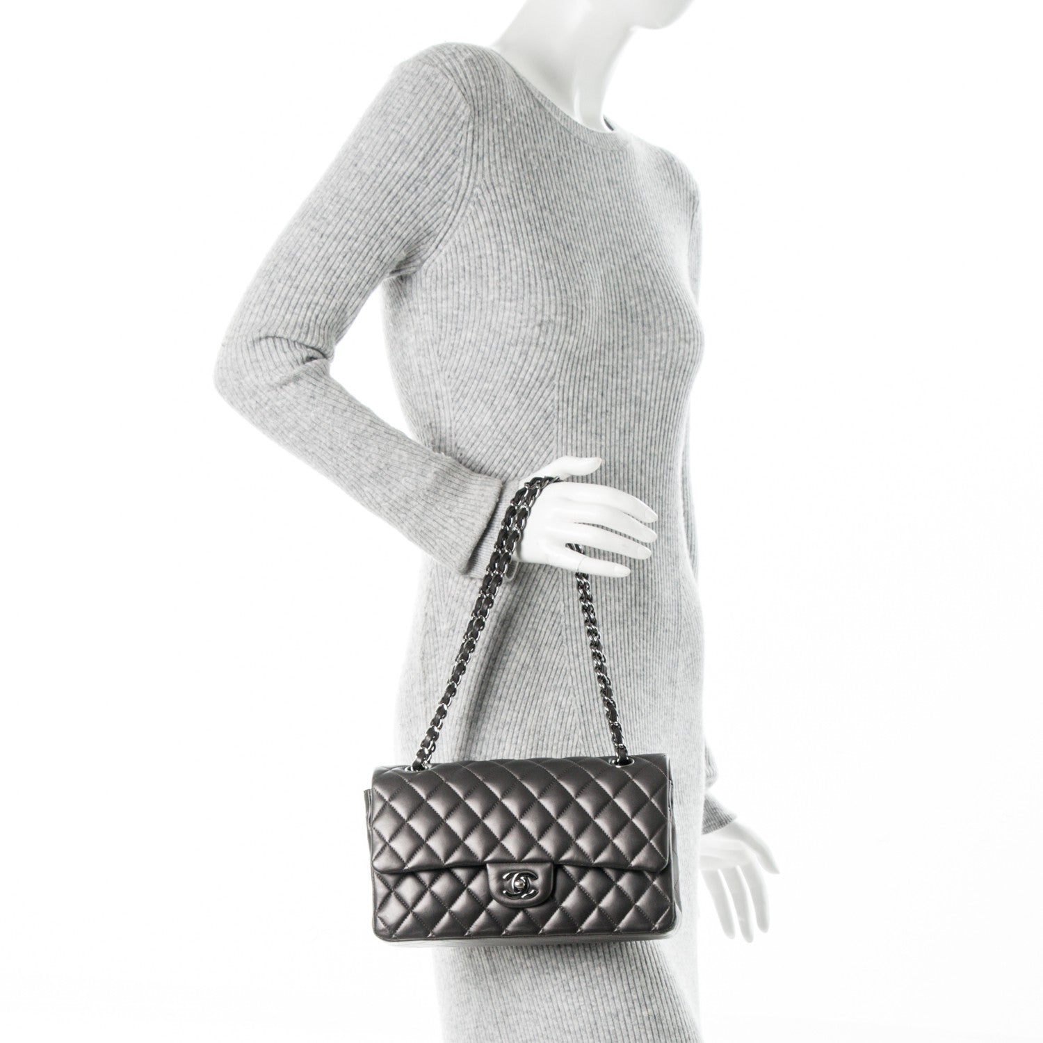 Chanel Metallic Lambskin Quilted Medium Double Flap Dark Grey 2 of 7