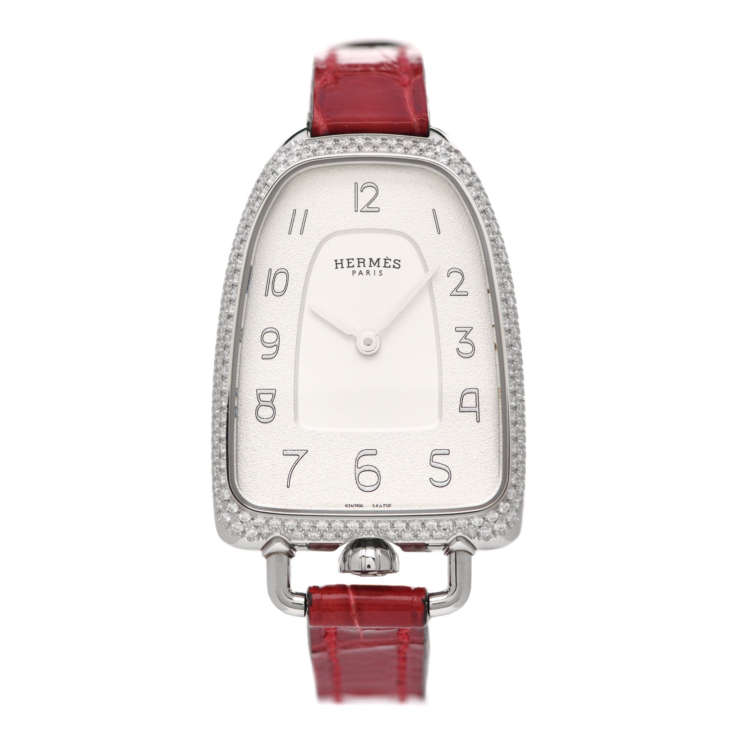 Hermes Stainless Steel Alligator Diamond Bezel 26mm Galop Quartz Watch Braise 1 of 5