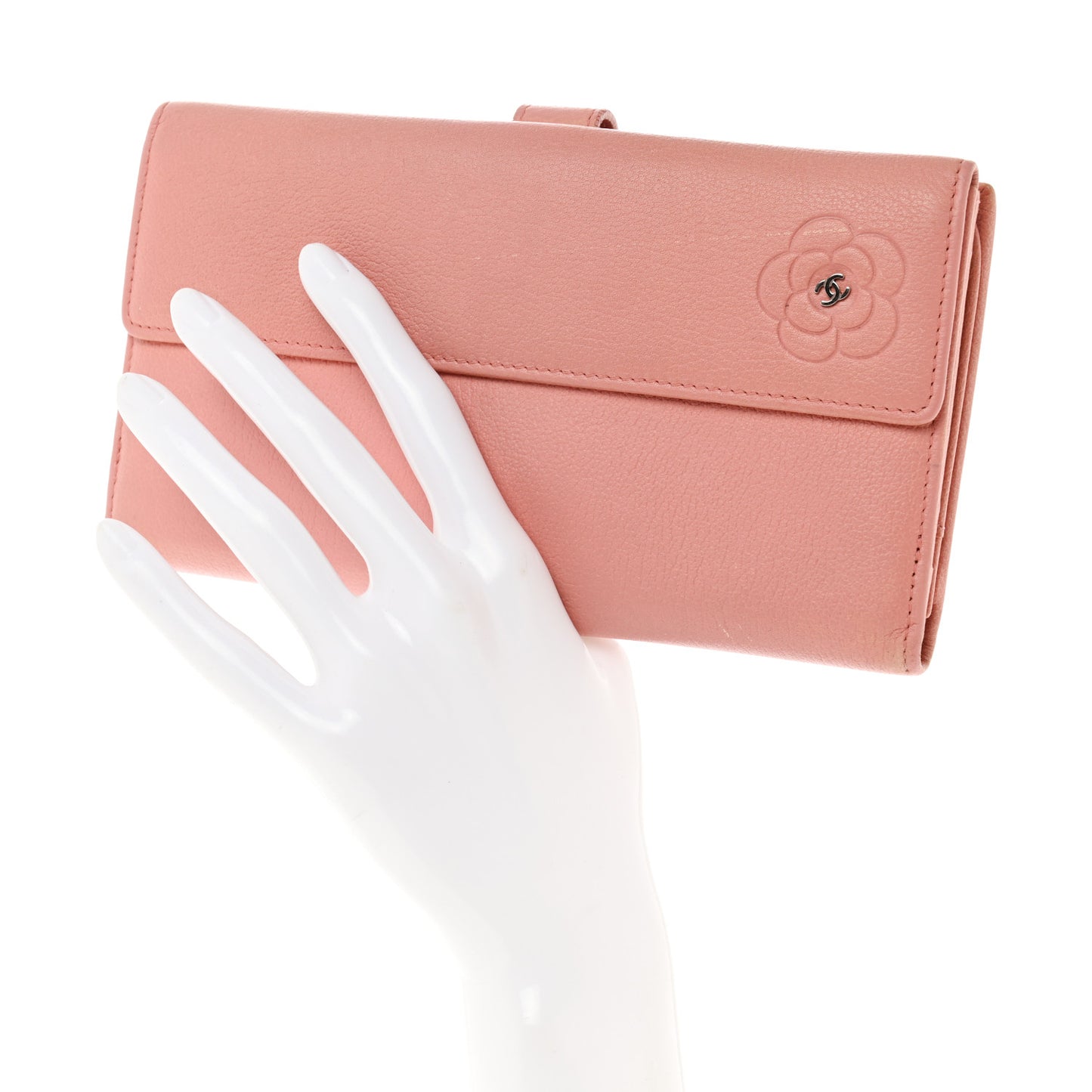 Goatskin Camellia Embossed Flap Wallet Pink