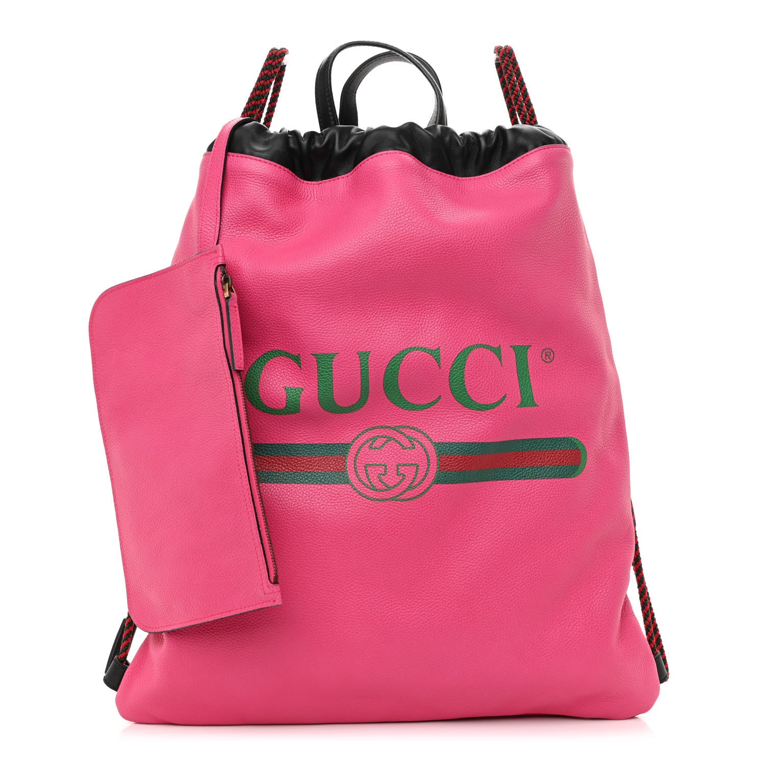 Gucci Grained Calfskin Logo Drawstring Backpack Box Pink Green Black 1 of 10