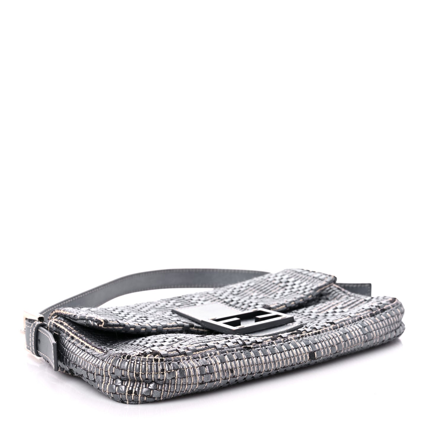 Metallic Lambskin Woven Baguette Grey