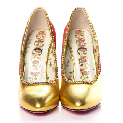 Gucci Metallic Nappa Kid Scamosciato Elaphe Snakeskin Peachy Pumps 38 Oro Red Roccia 2 of 11