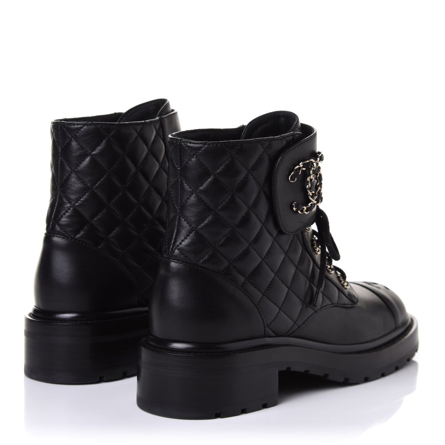 Shiny Lambskin Quilted Lace Up Combat Boots 39.5 Black