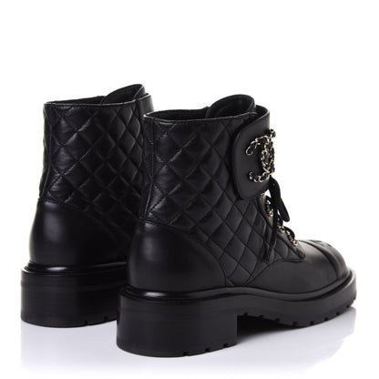 Chanel Shiny Lambskin Quilted Lace Up Combat Boots 39.5 Black 4 of 10