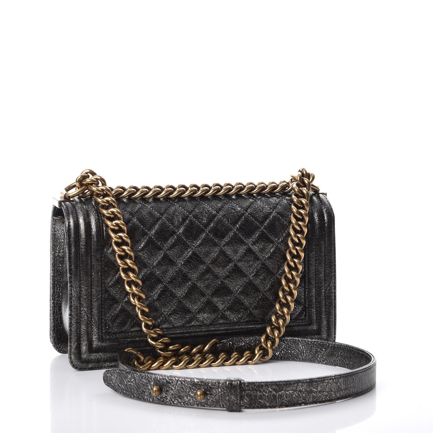 Cracked Metallic Calfskin Quilted Medium Boy Flap Dark Silver