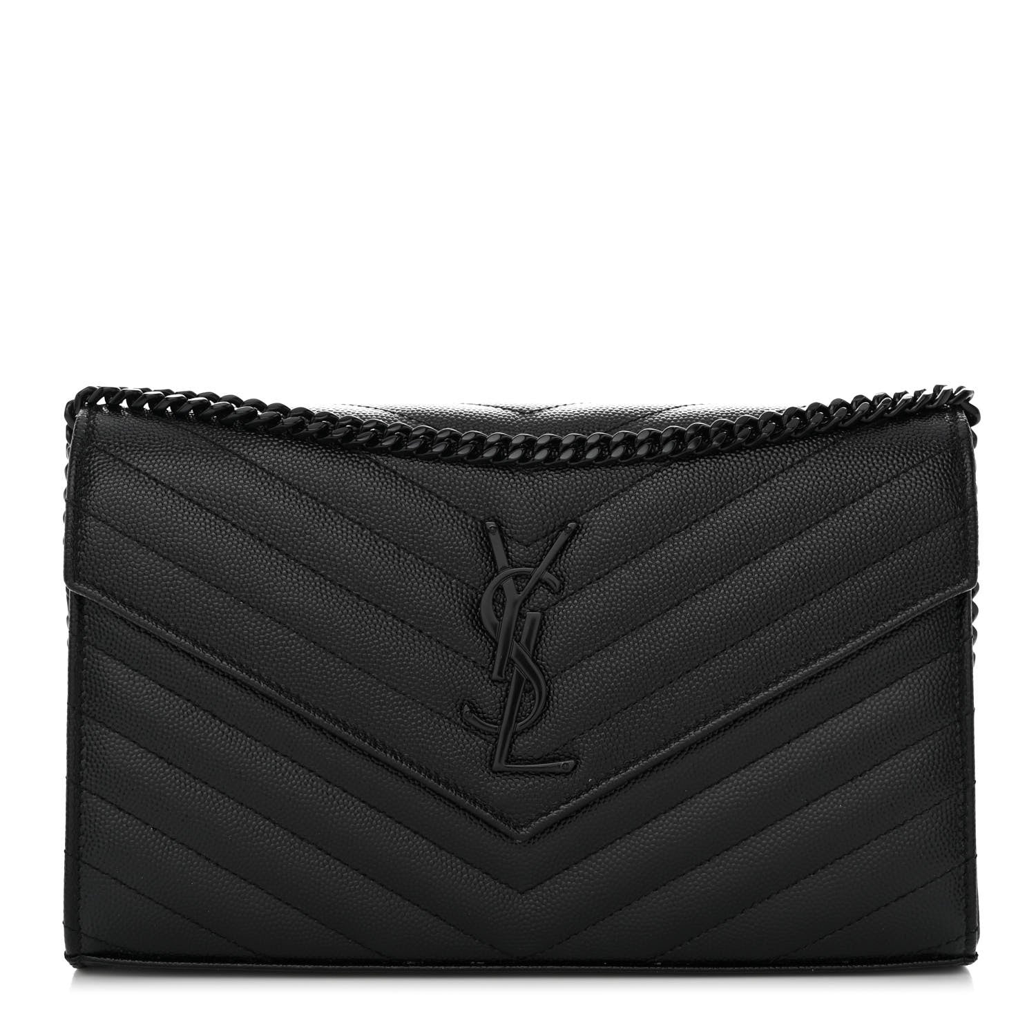 Saint Laurent Grain De Poudre Matelasse Chevron Monogram Monochrome Chain Wallet Black 1 of 9