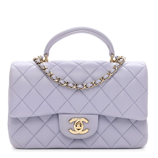 Lambskin Quilted Mini Top Handle Rectangular Flap Light Purple