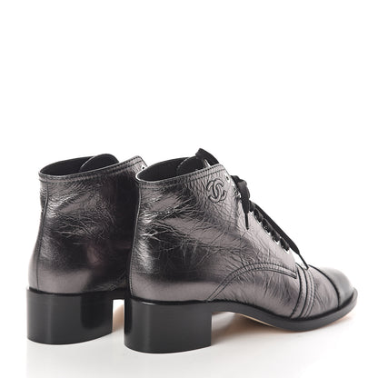 Chanel Metallic Calfskin CC Lace Up Boots 38.5 Silver Black 4 of 6