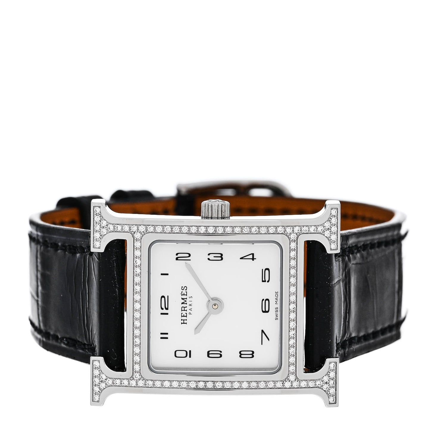 Stainless Steel Alligator Diamond Bezel Mother of Pearl 21mm Heure H Hour Quartz Watch Noir