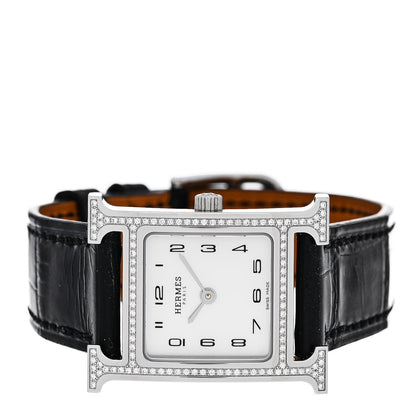 Hermes Stainless Steel Alligator Diamond Bezel Mother of Pearl 21mm Heure H Hour Quartz Watch Noir 2 of 5