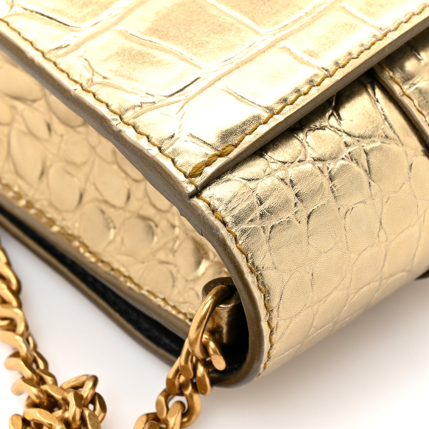 Metallic Calfskin Crocodile Embossed Hourglass Chain Bag Gold