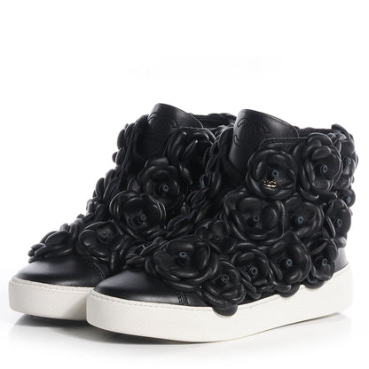 Chanel Calfskin Camellia High Top Sneakers 36 Black 3 of 7
