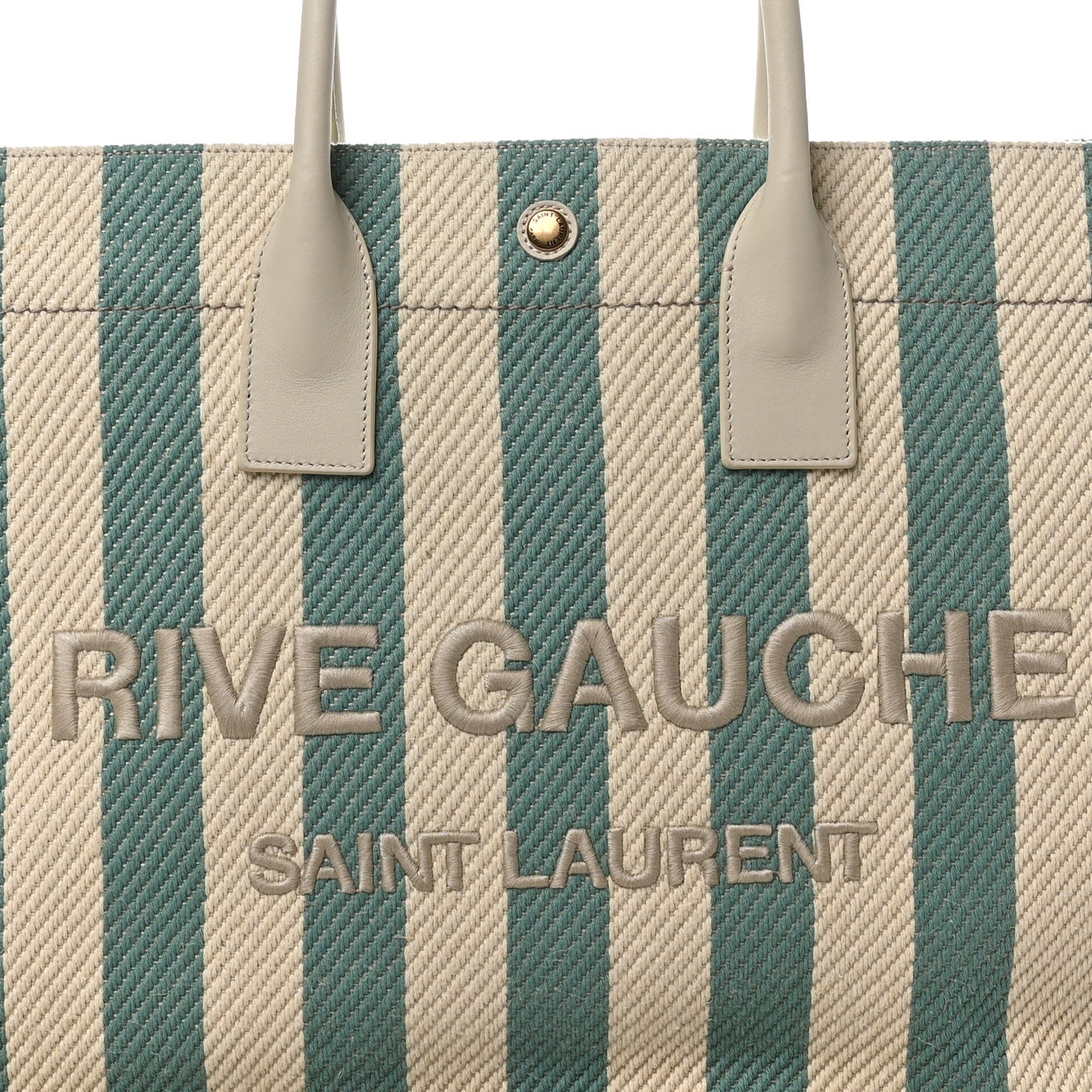 Cotton Linen Calfskin Striped Rive Gauche Tote Water Green