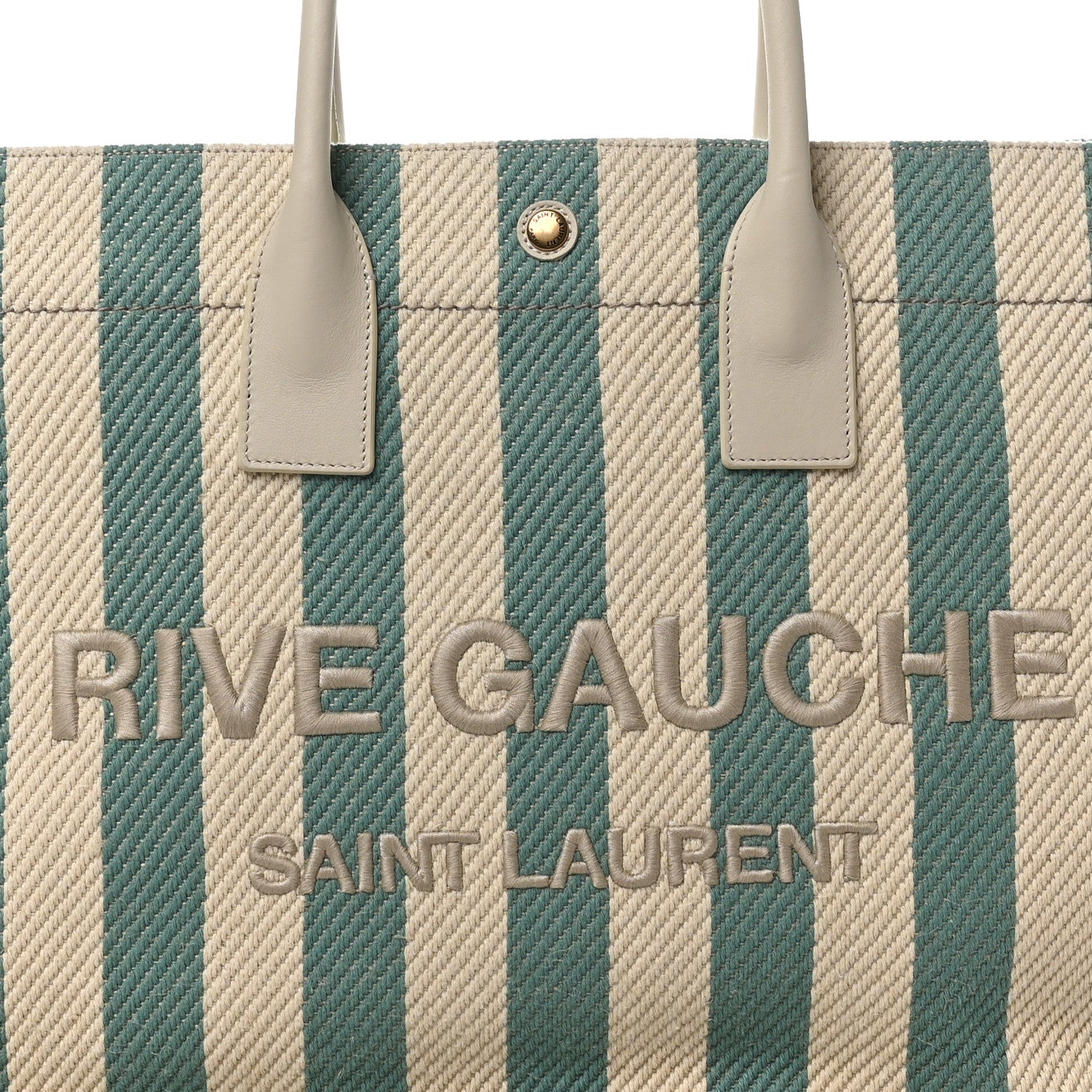 Saint Laurent Cotton Linen Calfskin Striped Rive Gauche Tote Water Green 7 of 9