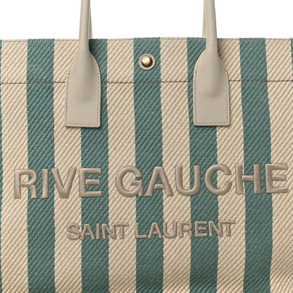 Saint Laurent Cotton Linen Calfskin Striped Rive Gauche Tote Water Green 7 of 9