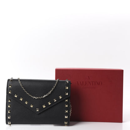 Valentino Garavani Pebbled Calfskin Rockstud Envelope Wallet on Chain Black 10 of 10