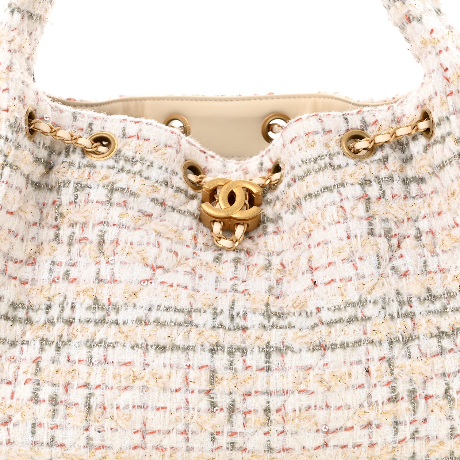 Chanel Tweed Quilted Small Chanel 25 Handbag Ecru Khaki Gold Red