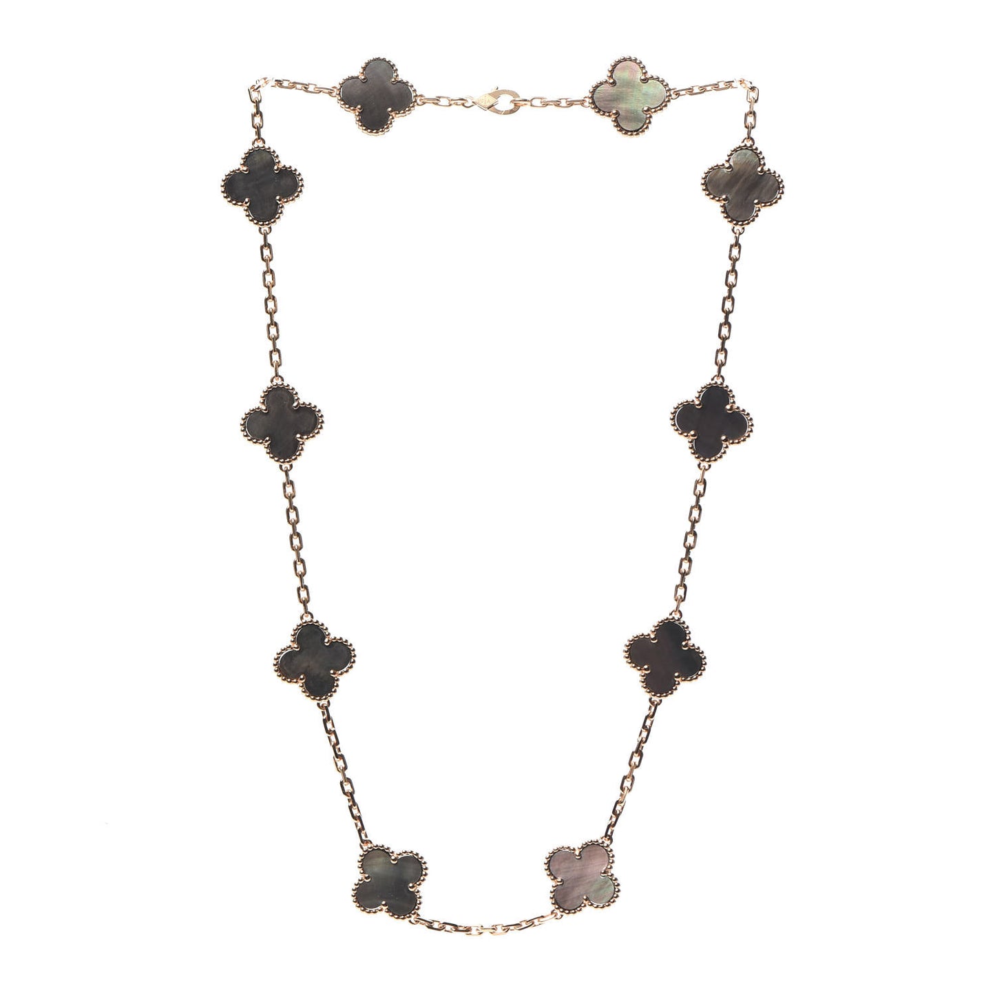 18K Rose Gold Grey Mother of Pearl 10 Motifs Vintage Alhambra Necklace