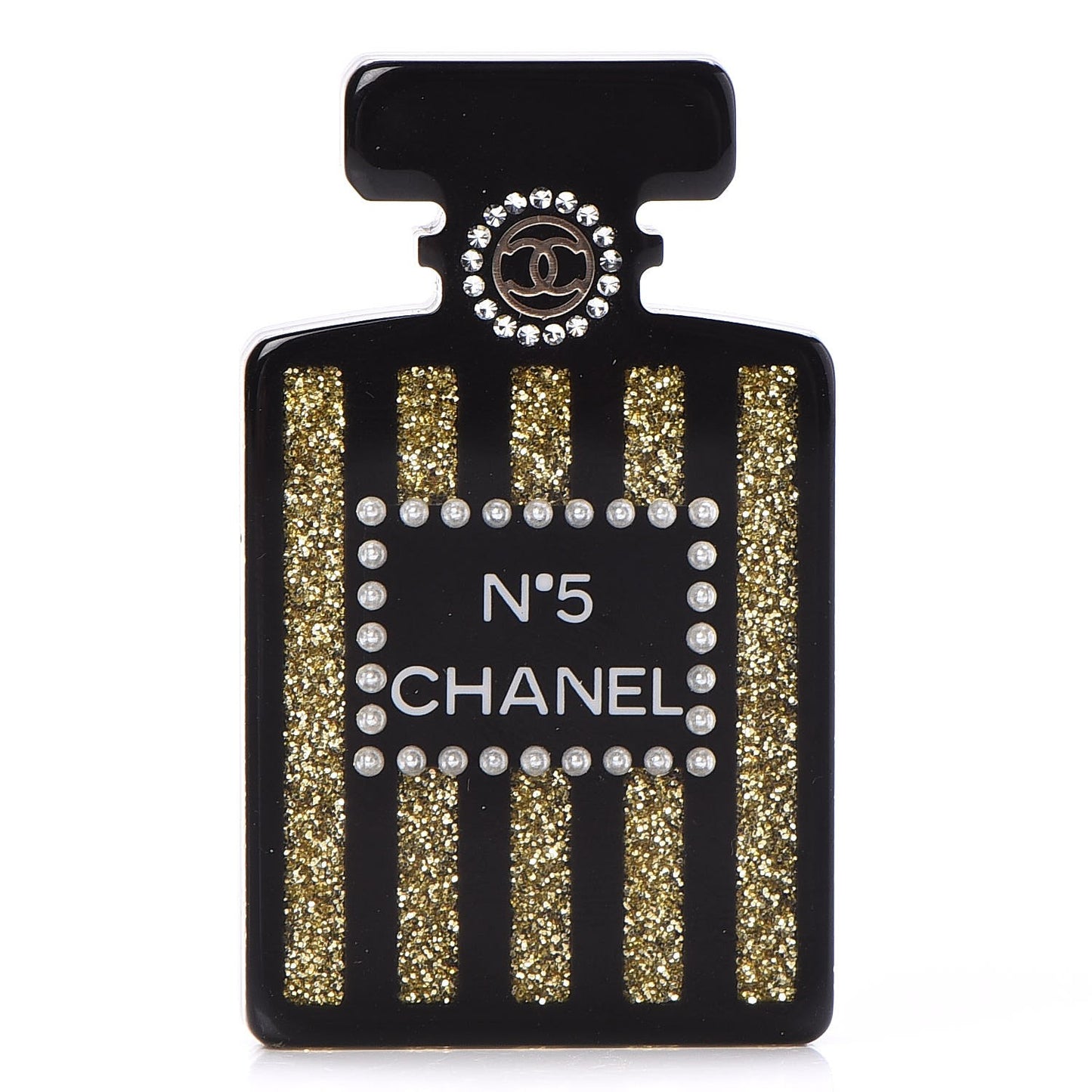 Resin Strass Perfume Bottle CC Brooch Black Gold