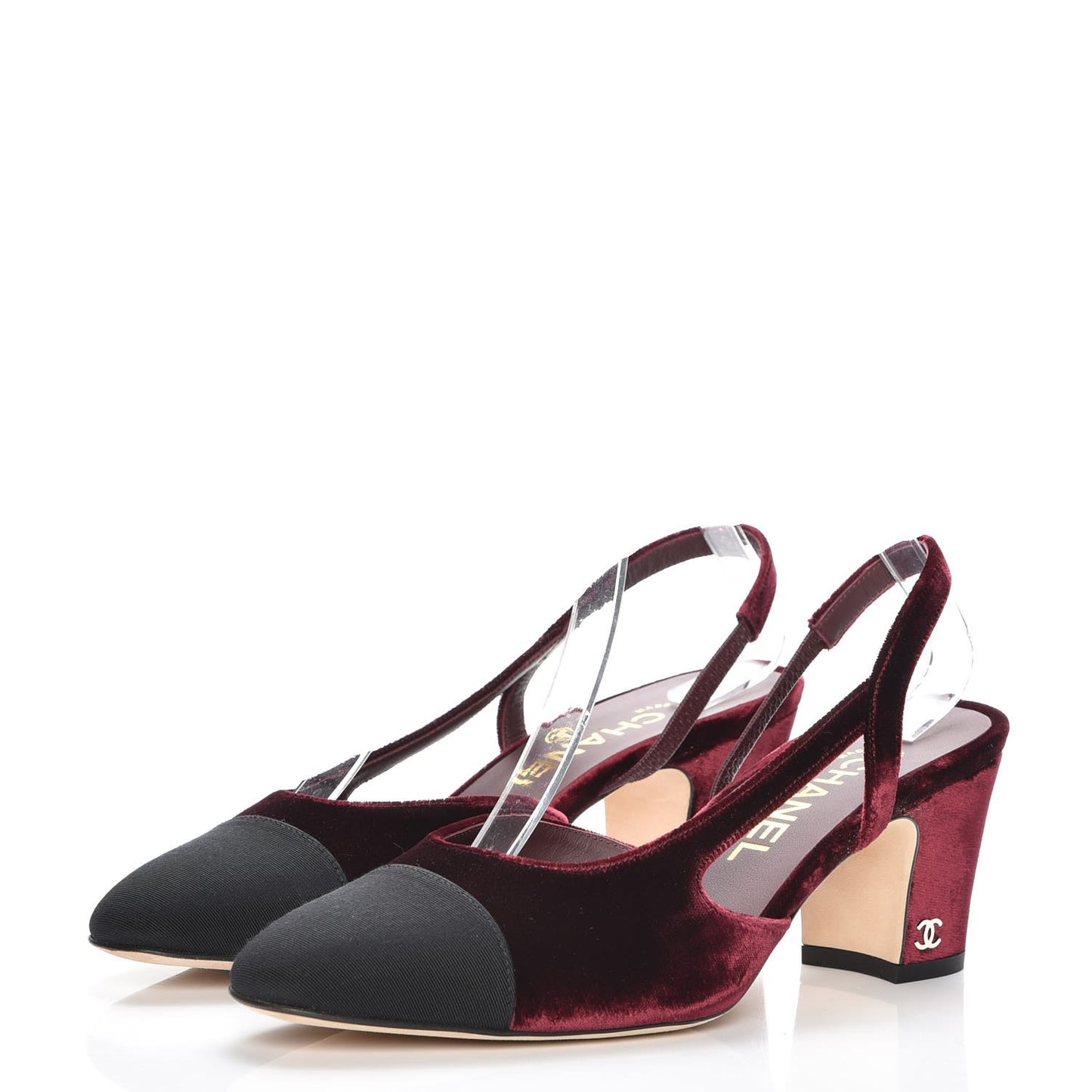 Velvet Grosgrain Cap Toe CC Slingback Pumps 37 Burgundy Black