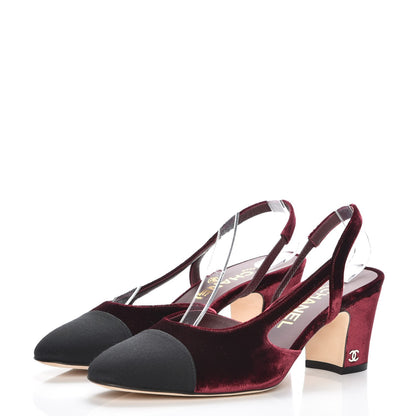 Chanel Velvet Grosgrain Cap Toe CC Slingback Pumps 37 Burgundy Black 3 of 9