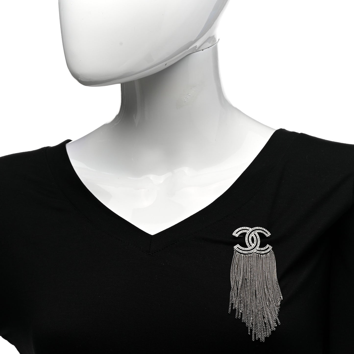 Crystal Chain Fringe CC Brooch Silver