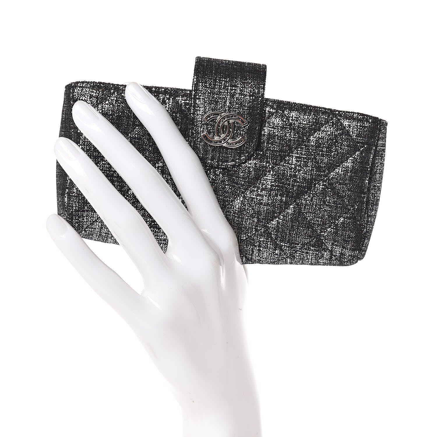 Chanel Metallic Fabric Quilted Mini Phone Holder Clutch Silver Black 2 of 7