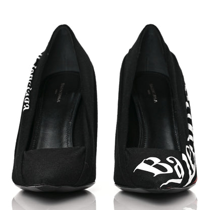 Balenciaga Jersey Crepe Political Campaign Logo Knife 115 Pointed Pumps 36 Black White Rouge 2 of 7