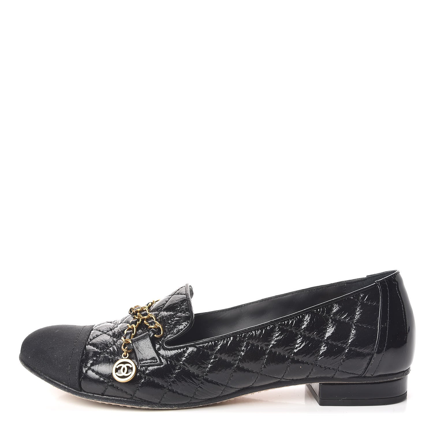 Chanel Grosgrain Glazed Lambskin Quilted Chain Loafers 37.5 Black 1 of 11
