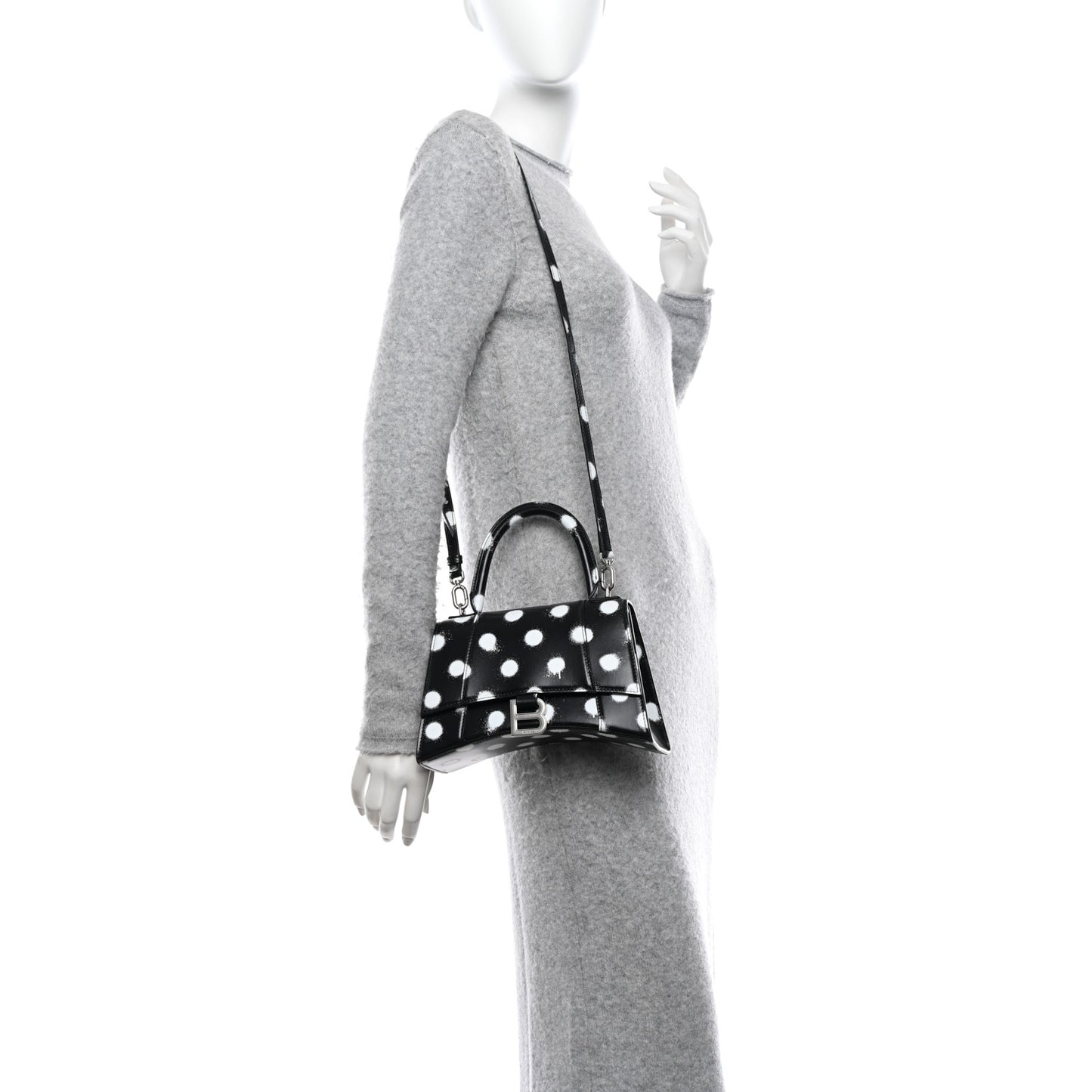 Smooth Calfskin Spray Polka Dot Small Hourglass Top Handle Bag Black White