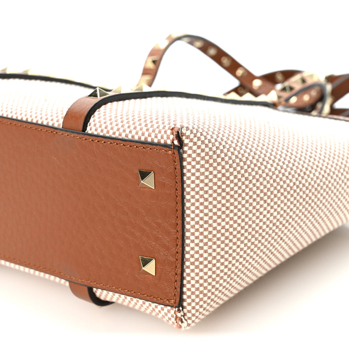 Valentino Garavani Canvas Grained Calfskin Small Rockstud Shopping Tote Naturale Tobacco 9 of 10