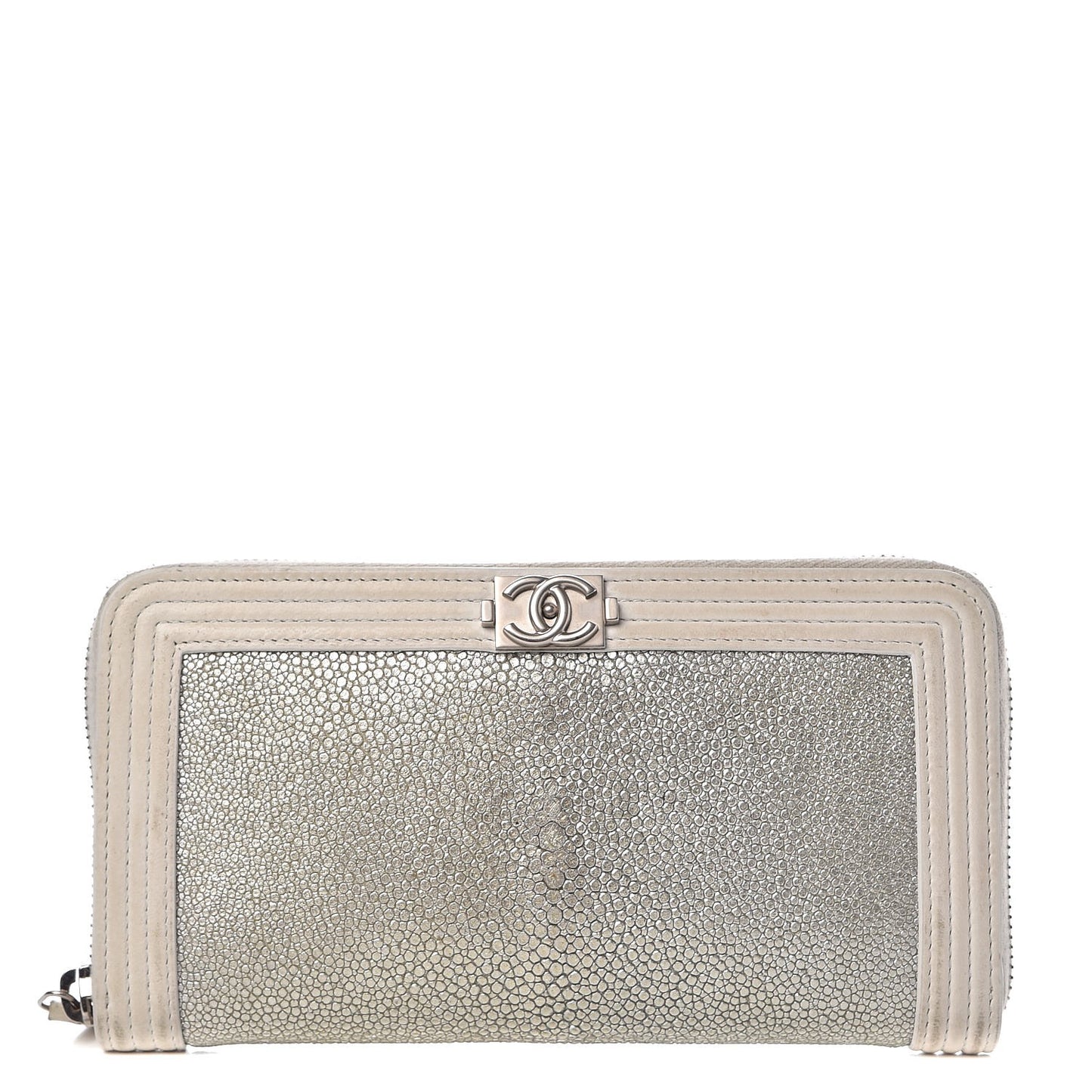 Metallic Galuchat Stingray Lambskin Boy Zip Around Wallet Silver