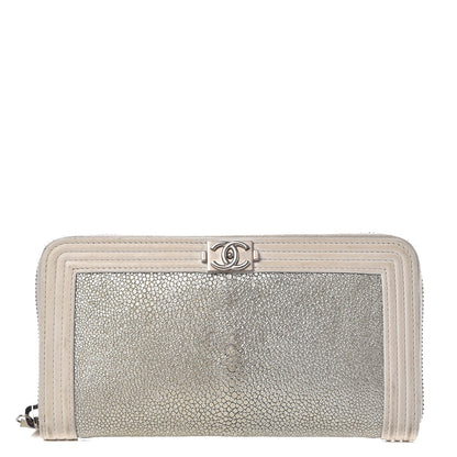 Chanel Metallic Galuchat Stingray Lambskin Boy Zip Around Wallet Silver 1 of 16