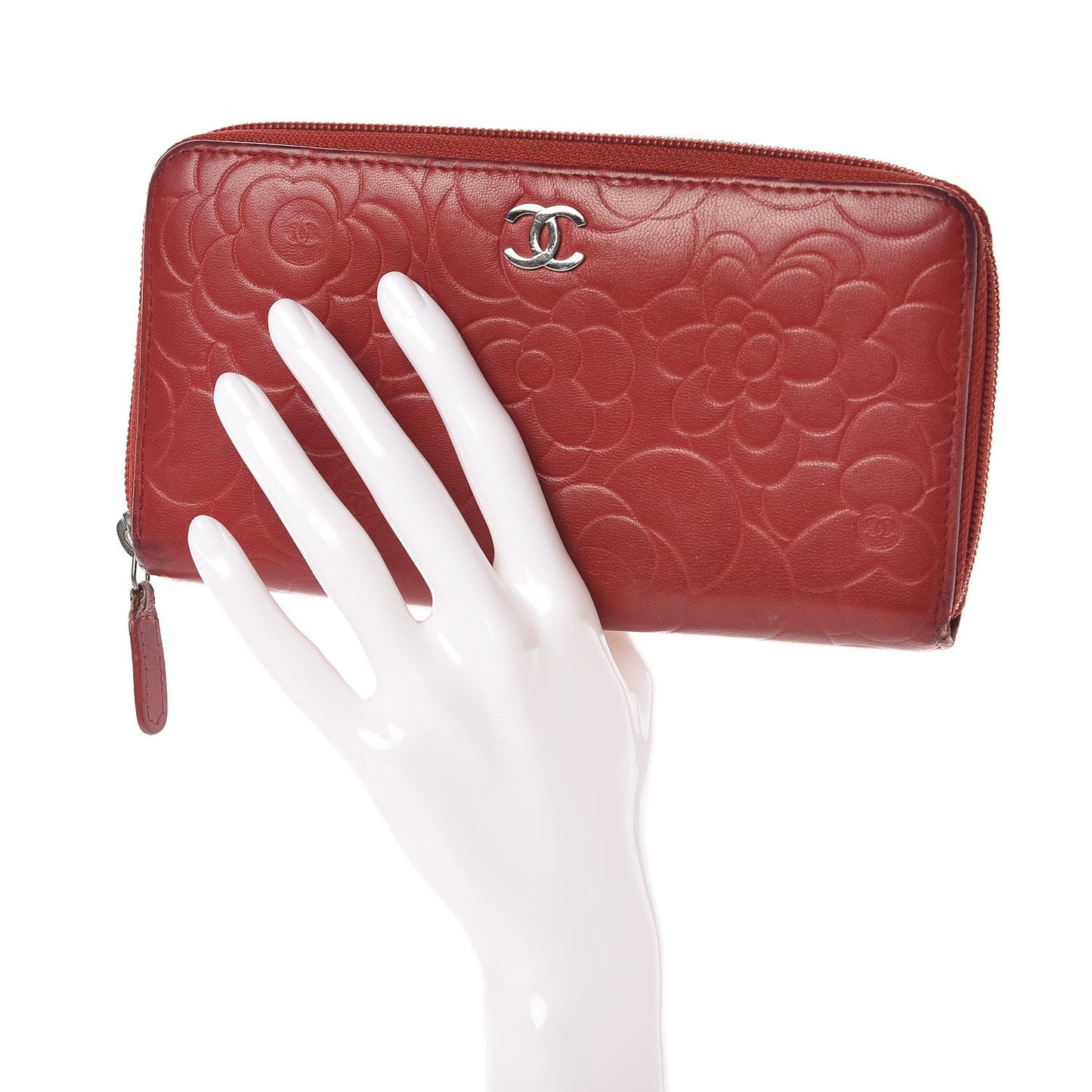 Lambskin Camellia Embossed Zip Around Large Gusset Wallet Red