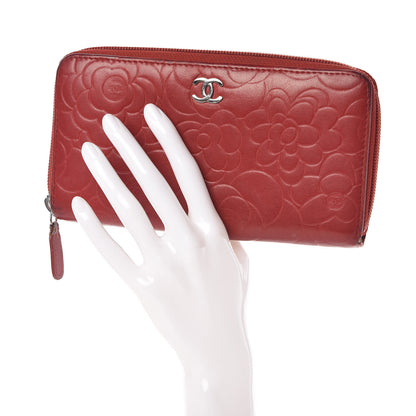 Chanel Lambskin Camellia Embossed Zip Around Large Gusset Wallet Red 2 of 14