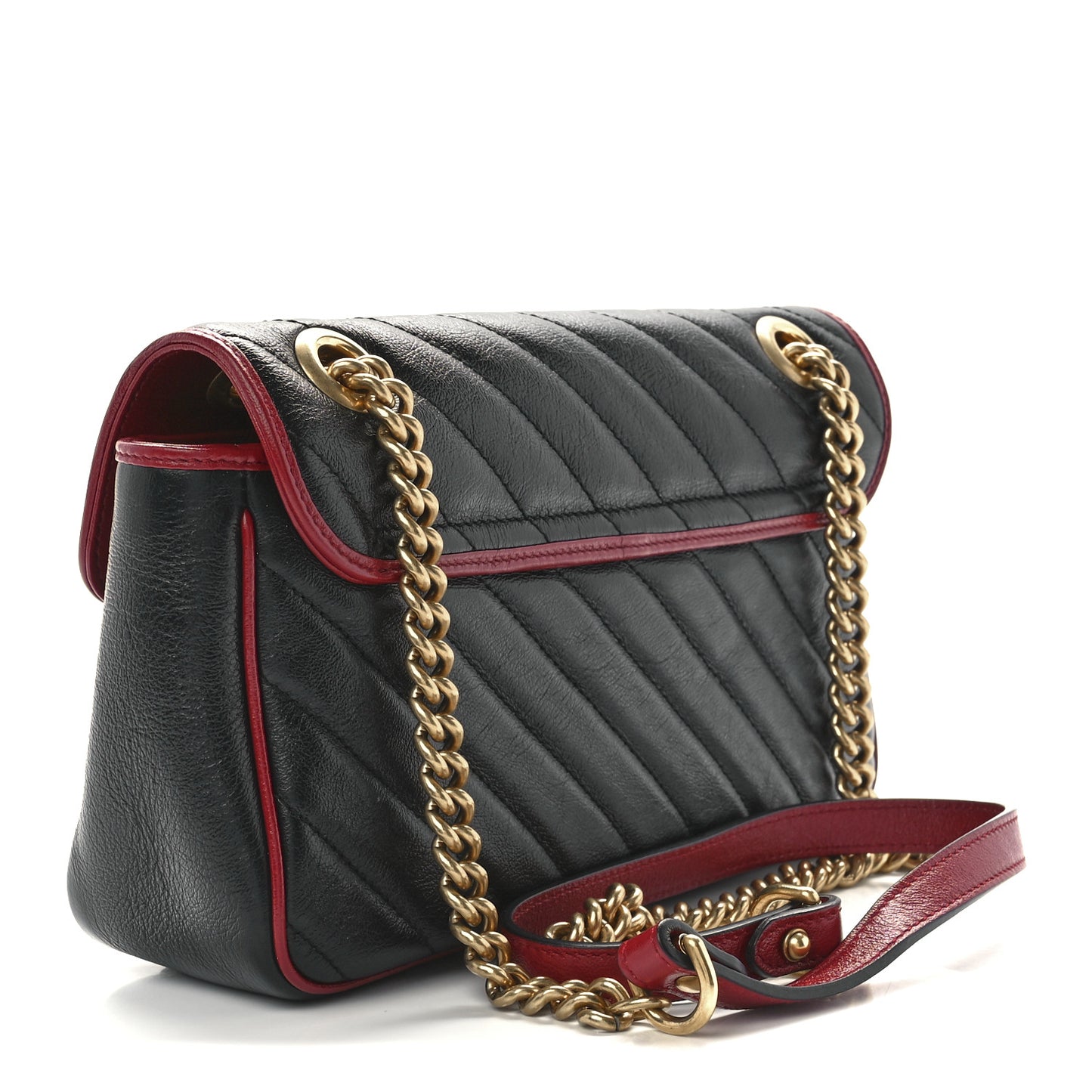 Vintage Effect Calfskin Matelasse Diagonal Small Torchon GG Marmont Shoulder Bag Black Romantic Cherry
