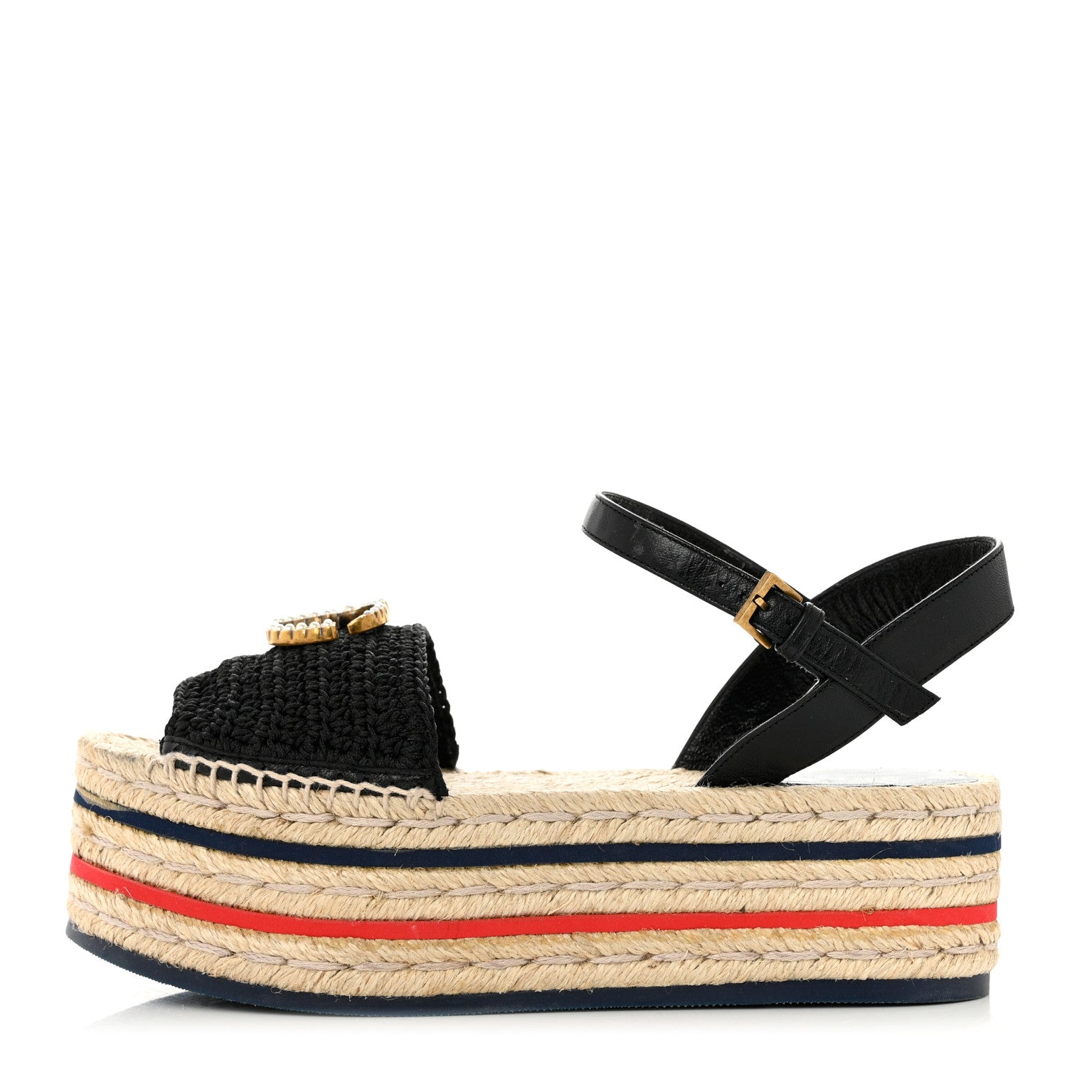 Gucci Cotton Malaga Kid Crochet Pearly GG Lilibeth Espadrille Platform Sandals 35.5 Black 1 of 9