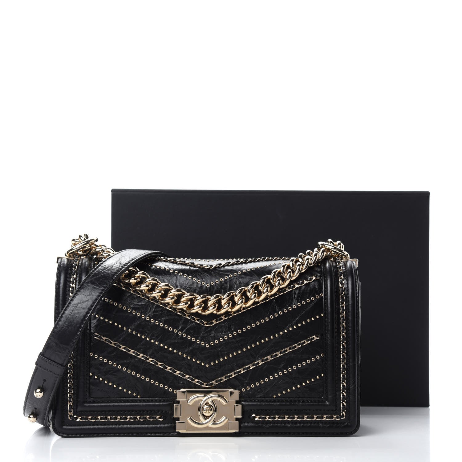 Chanel Crumpled Calfskin Chevron Chain Medium Boy Flap Black 11 of 11