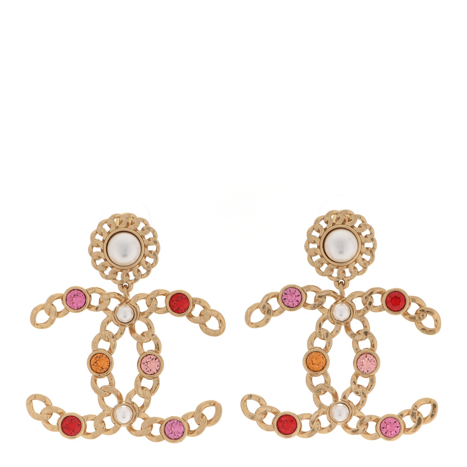 Chanel Pearl Crystal Chain Link CC Drop Earrings Gold Red Pink Yellow 1 of 5