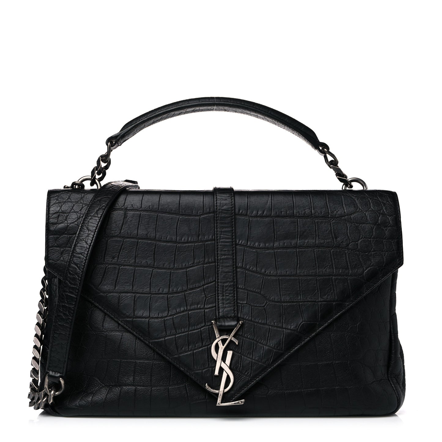 Calfskin Crocodile Embossed Monogram Large College Satchel Black