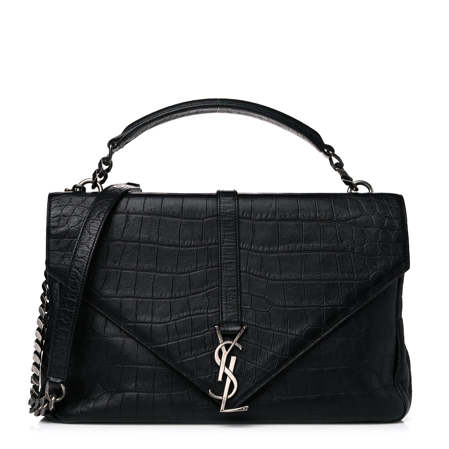 Saint Laurent Calfskin Crocodile Embossed Monogram Large College Satchel Black 2 of 11