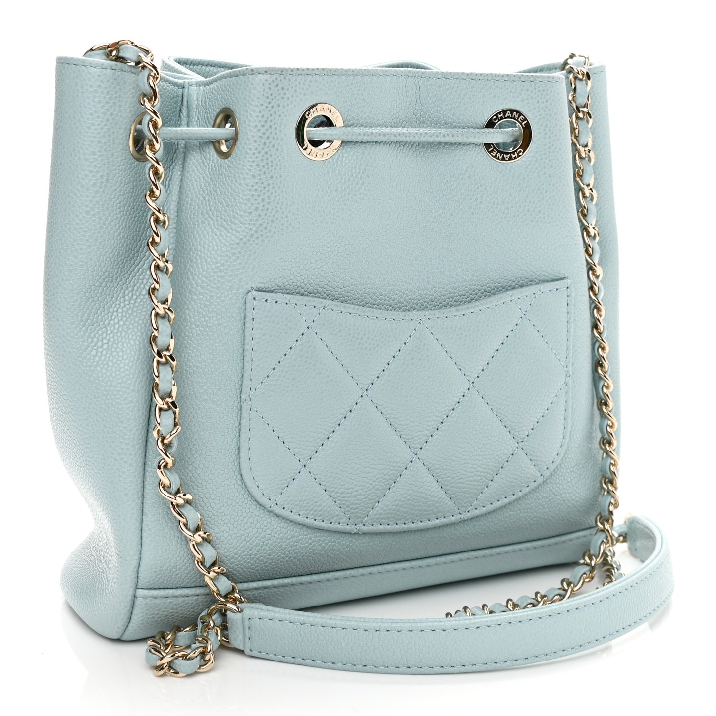 Caviar Quilted Pocket Bucket Bag Light Blue